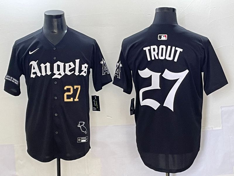 Men 2025 Los Angeles Angels #27 Trout Black Five generations Joint Name Nike MLB Jersey style 4->los angeles angels->MLB Jersey